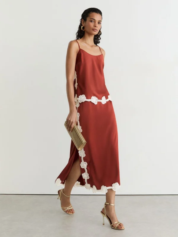 Reiss Rust Orange Satin Floral-lace Trim Midi Skirt