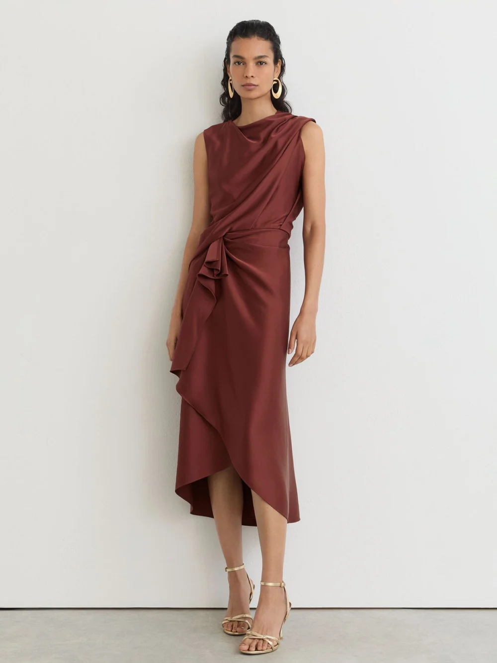 Reiss Rust Orange Satin Frill-detail Draped Midi Dress