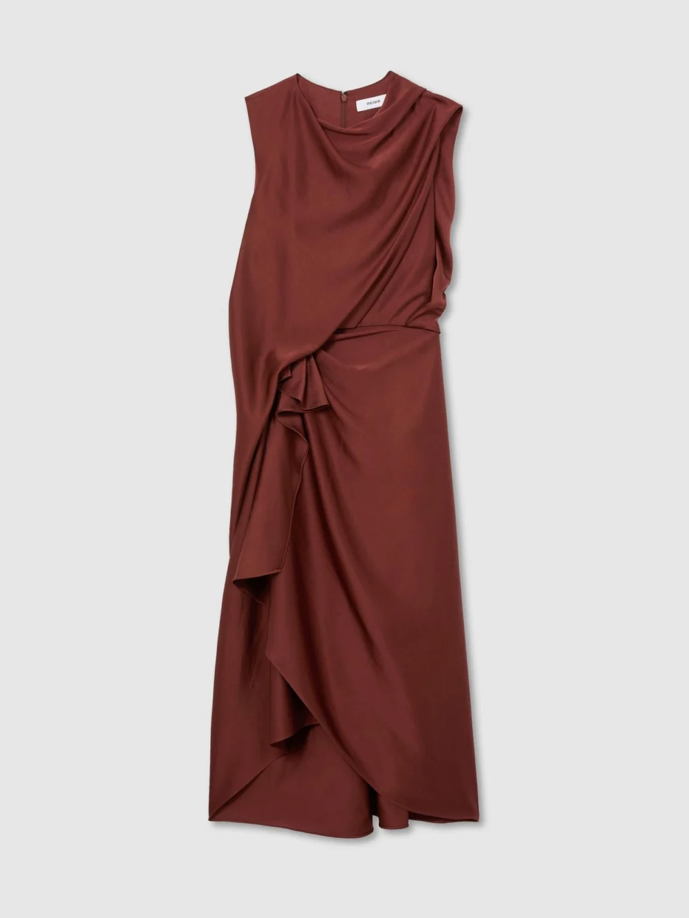 Reiss Rust Orange Satin Frill-detail Draped Midi Dress, view 2