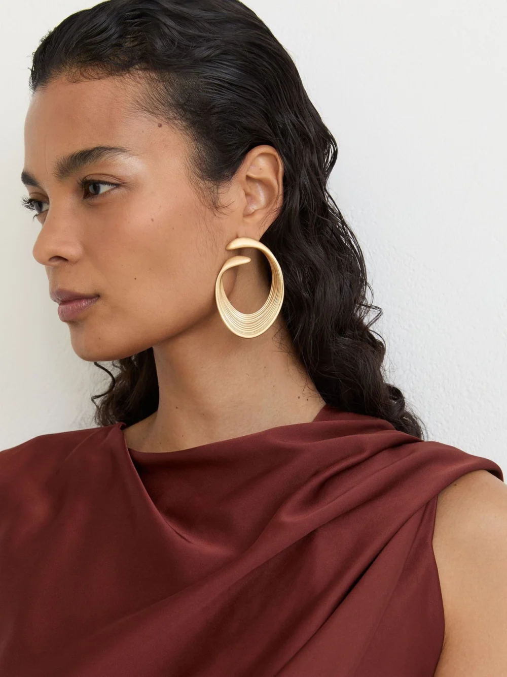 Reiss Rust Orange Satin Frill-detail Draped Midi Dress, view 3