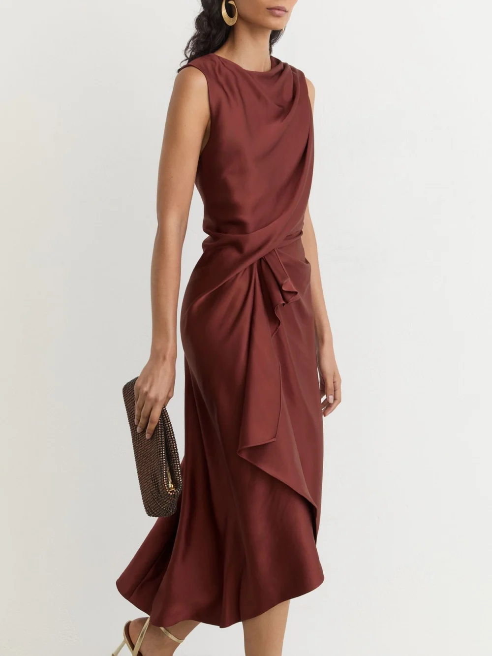 Reiss Rust Orange Satin Frill-detail Draped Midi Dress, view 4