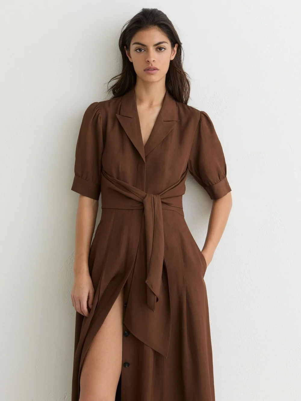 Reiss Rust Orange Short-sleeve Belted Midi Dress with Linen, view 3