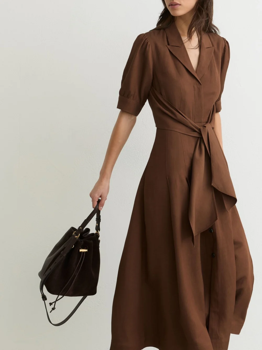 Reiss Rust Orange Short-sleeve Belted Midi Dress with Linen, view 4