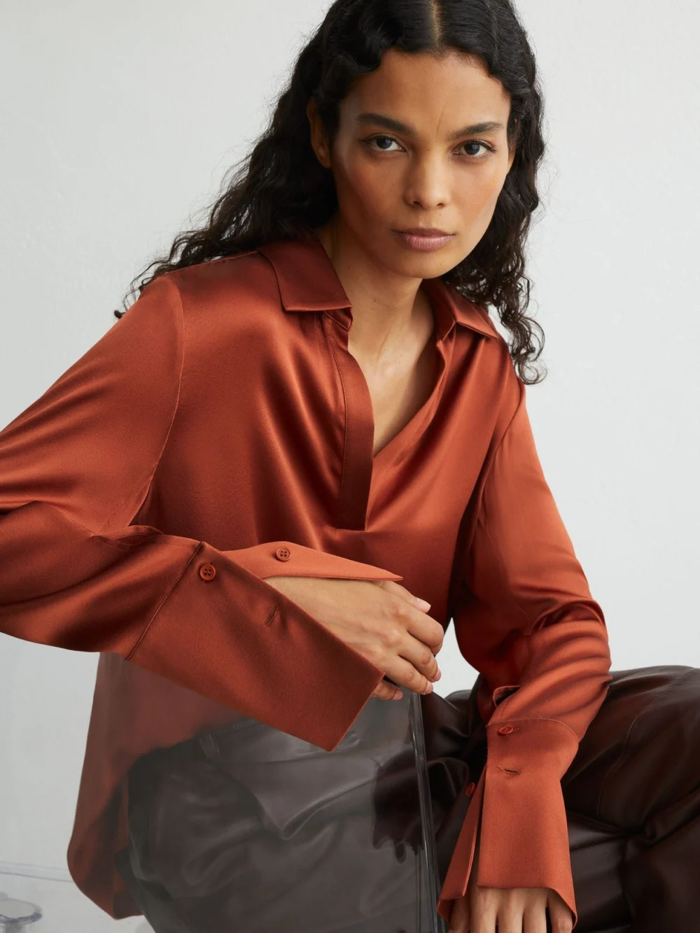 Reiss Rust Orange Silk Open-collar Blouse