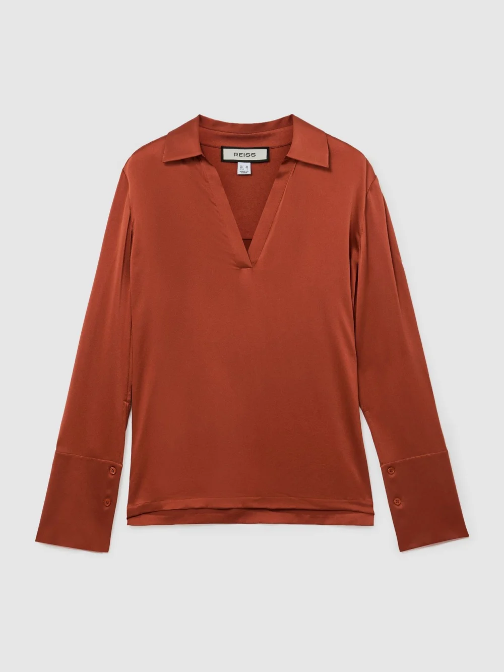 Reiss Rust Orange Silk Open-collar Blouse, view 2