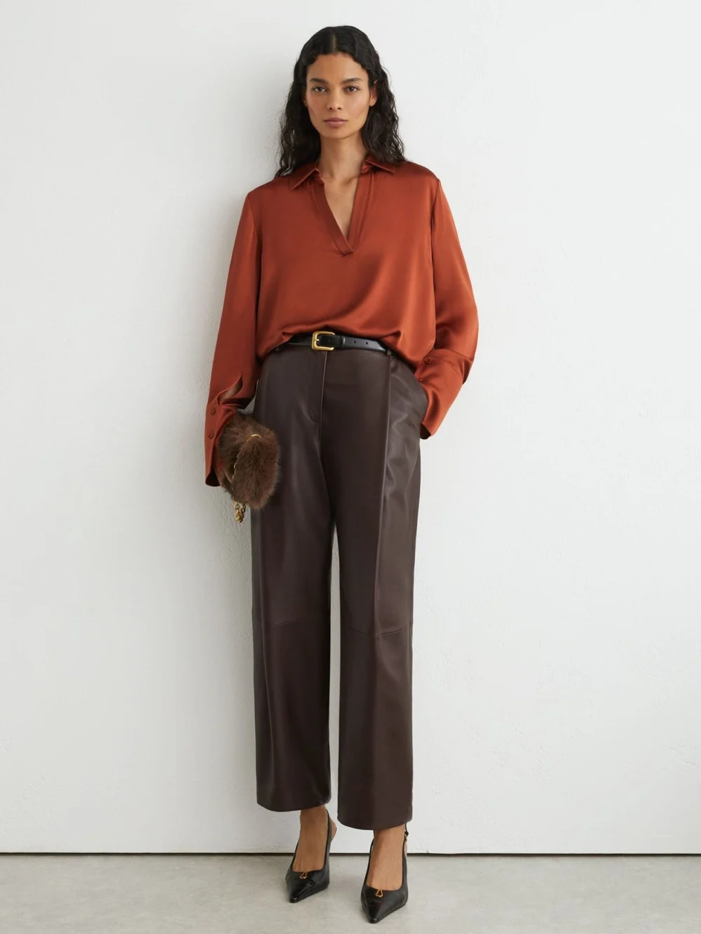 Reiss Rust Orange Silk Open-collar Blouse, view 3