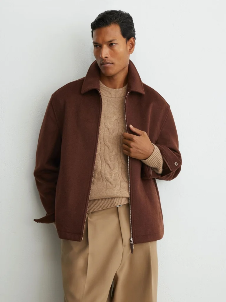Reiss Rust Red Brushed Wool-blend Zip-through Overshirt
