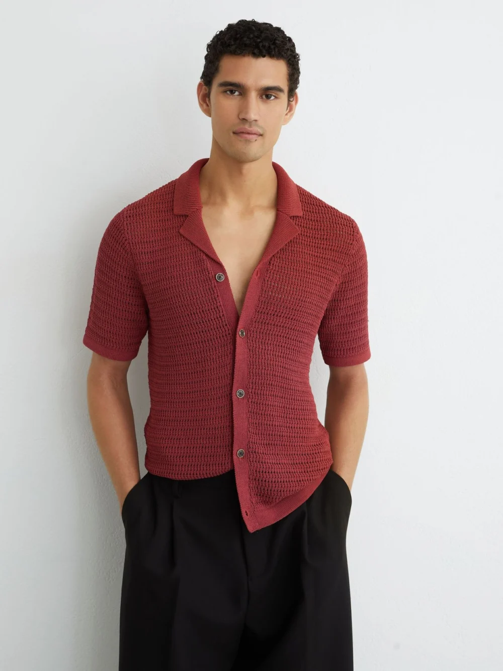 Reiss Rust Red Open-knit Button-through Shirt