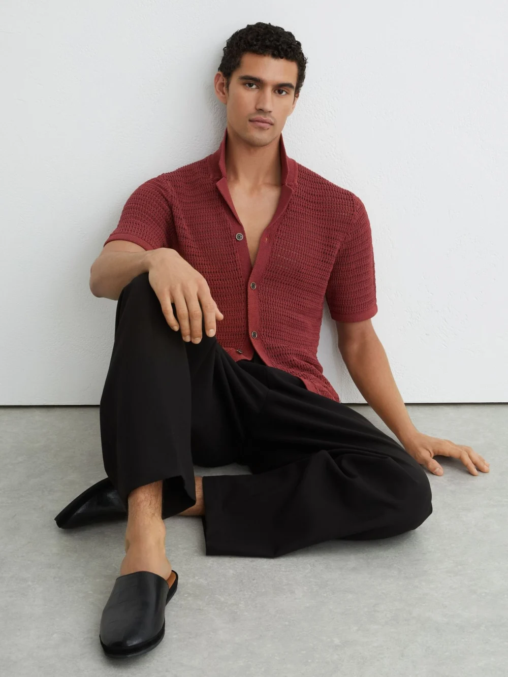 Reiss Rust Red Open-knit Button-through Shirt, view 3