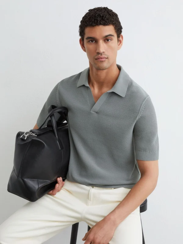 Reiss Sage Cotton-blend Basket-stitch Open-collar Polo