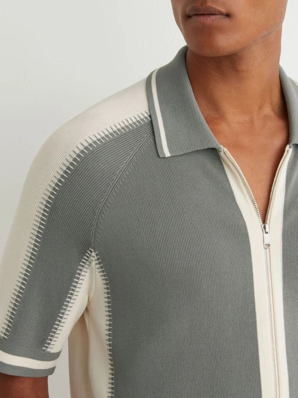 Reiss Sage Green & ecru Colour-block Zip-through Knit Shirt