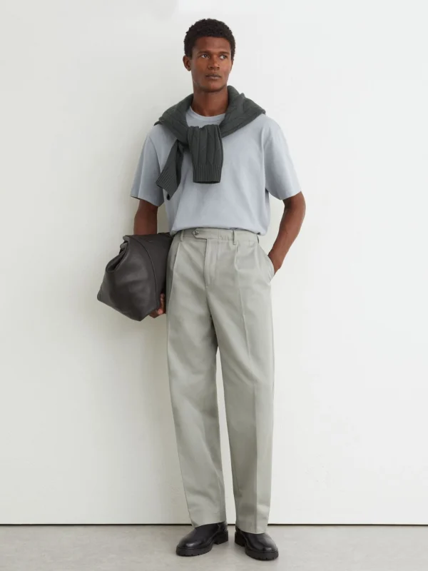Reiss Sage Green Cotton Slub Pleated Relaxed-fit Trousers