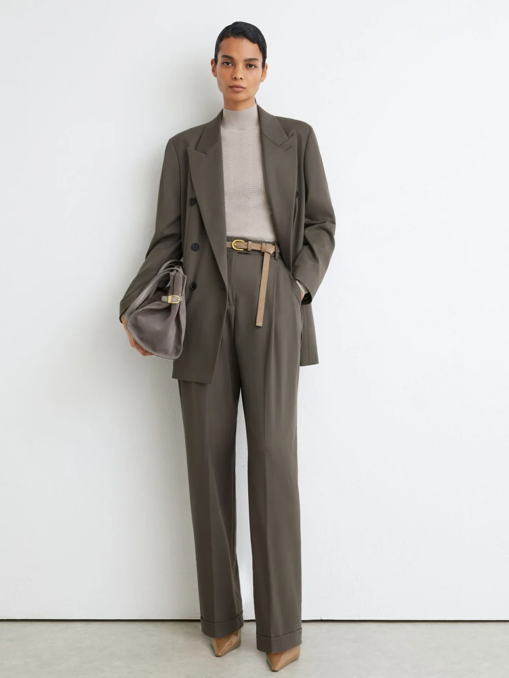 Reiss Sage Green Petite Wool-blend Wide-leg Pleated Suit Trousers