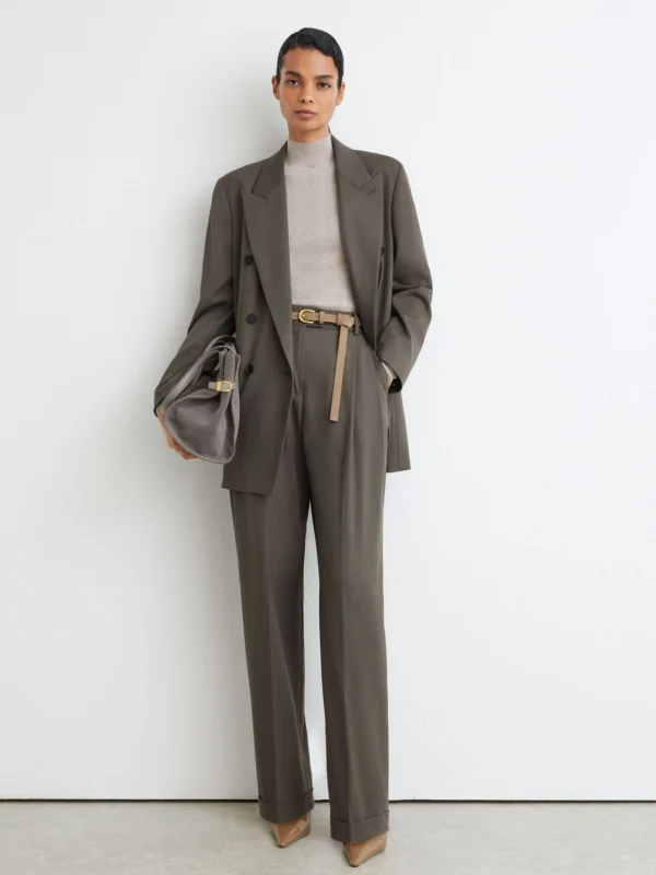 Reiss Sage Green Petite Wool-blend Wide-leg Pleated Suit Trousers