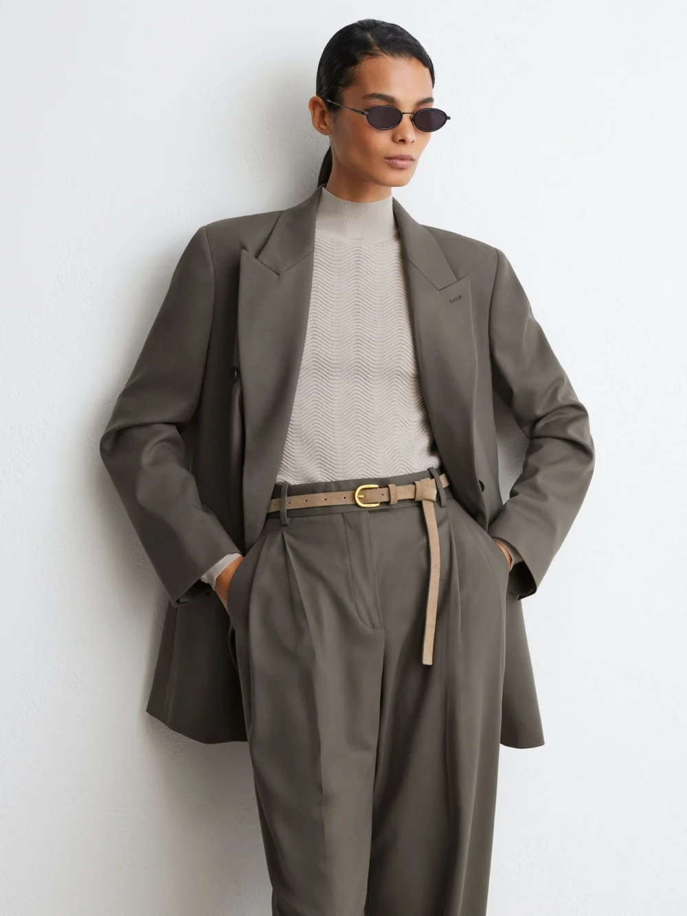 Reiss Sage Green Petite Wool-blend Wide-leg Pleated Suit Trousers, view 3