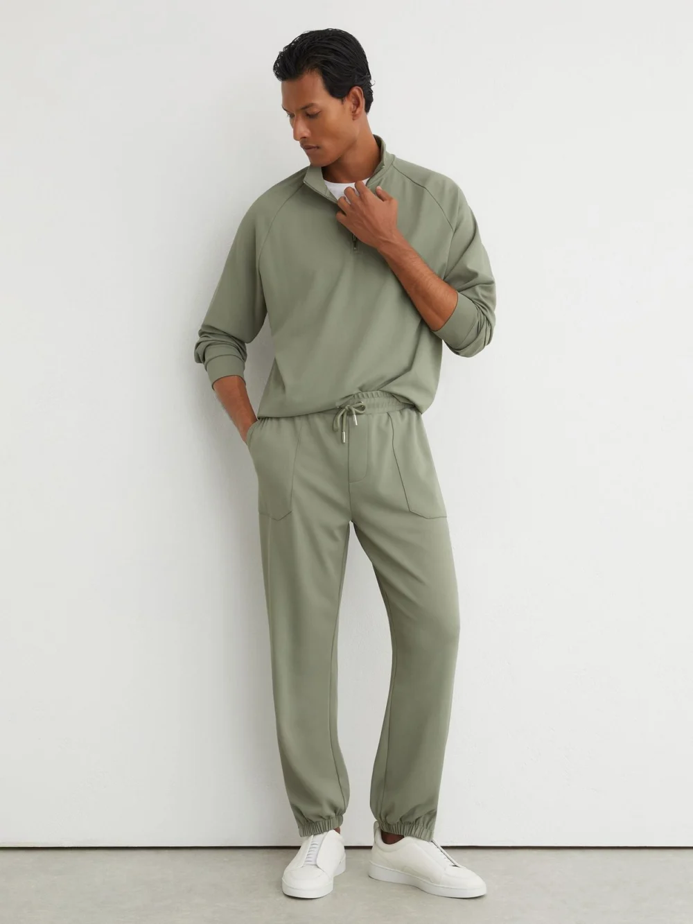 Reiss Sage Green R-flex Stretch-twill Half-zip Sweatshirt, view 3