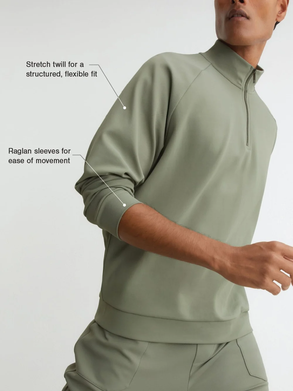 Reiss Sage Green R-flex Stretch-twill Half-zip Sweatshirt, view 4