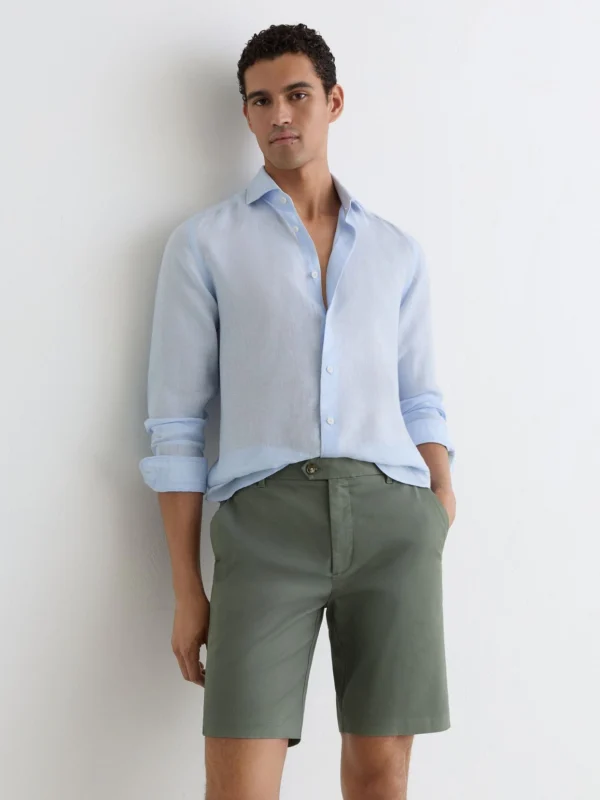 Reiss Sage Green Regular Length Cotton Chino Shorts with Stretch