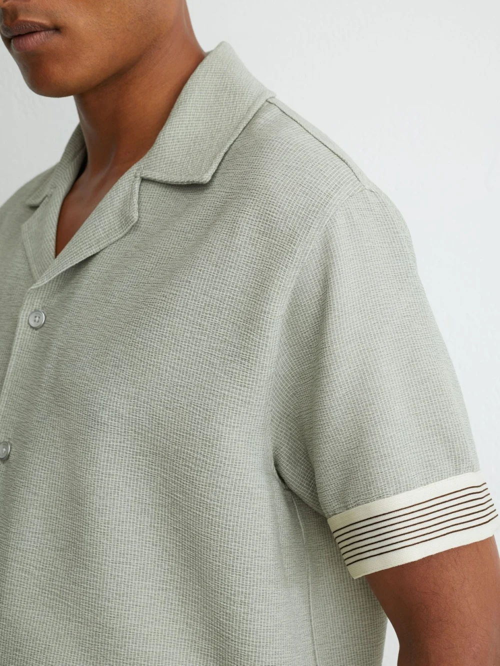 Reiss Sage Green Textured Stripe-tape Cuban-collar Shirt