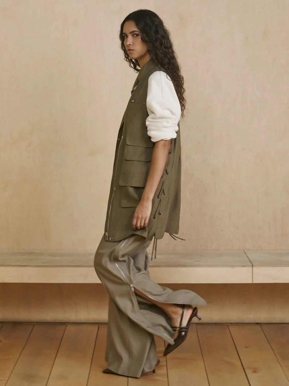 Reiss Sage Green Wide-leg Side-zip Trousers
