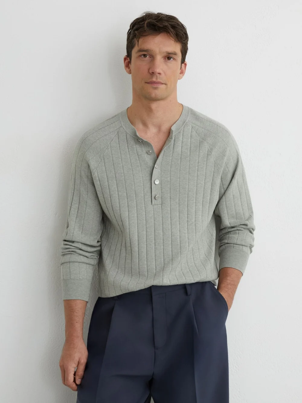 Reiss Sage Green Wide-rib Knit Henley Jumper