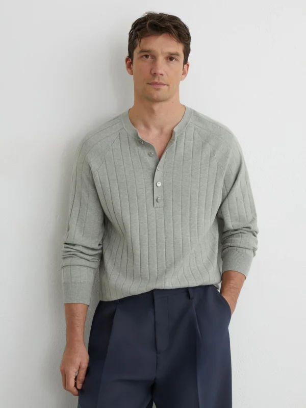 Reiss Sage Green Wide-rib Knit Henley Jumper