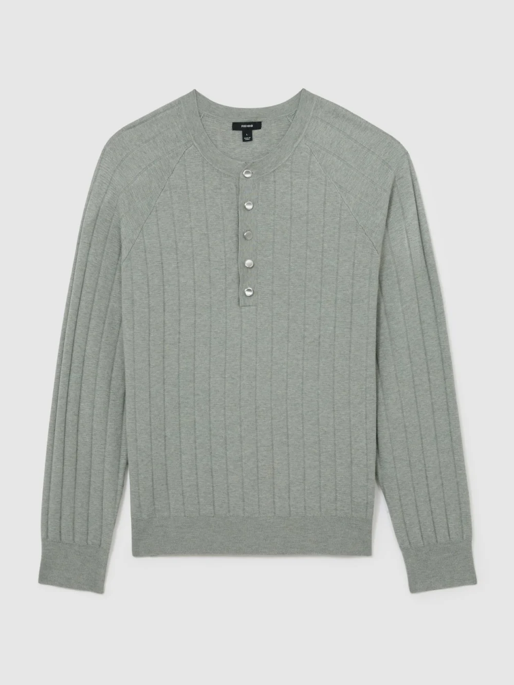 Reiss Sage Green Wide-rib Knit Henley Jumper, view 2