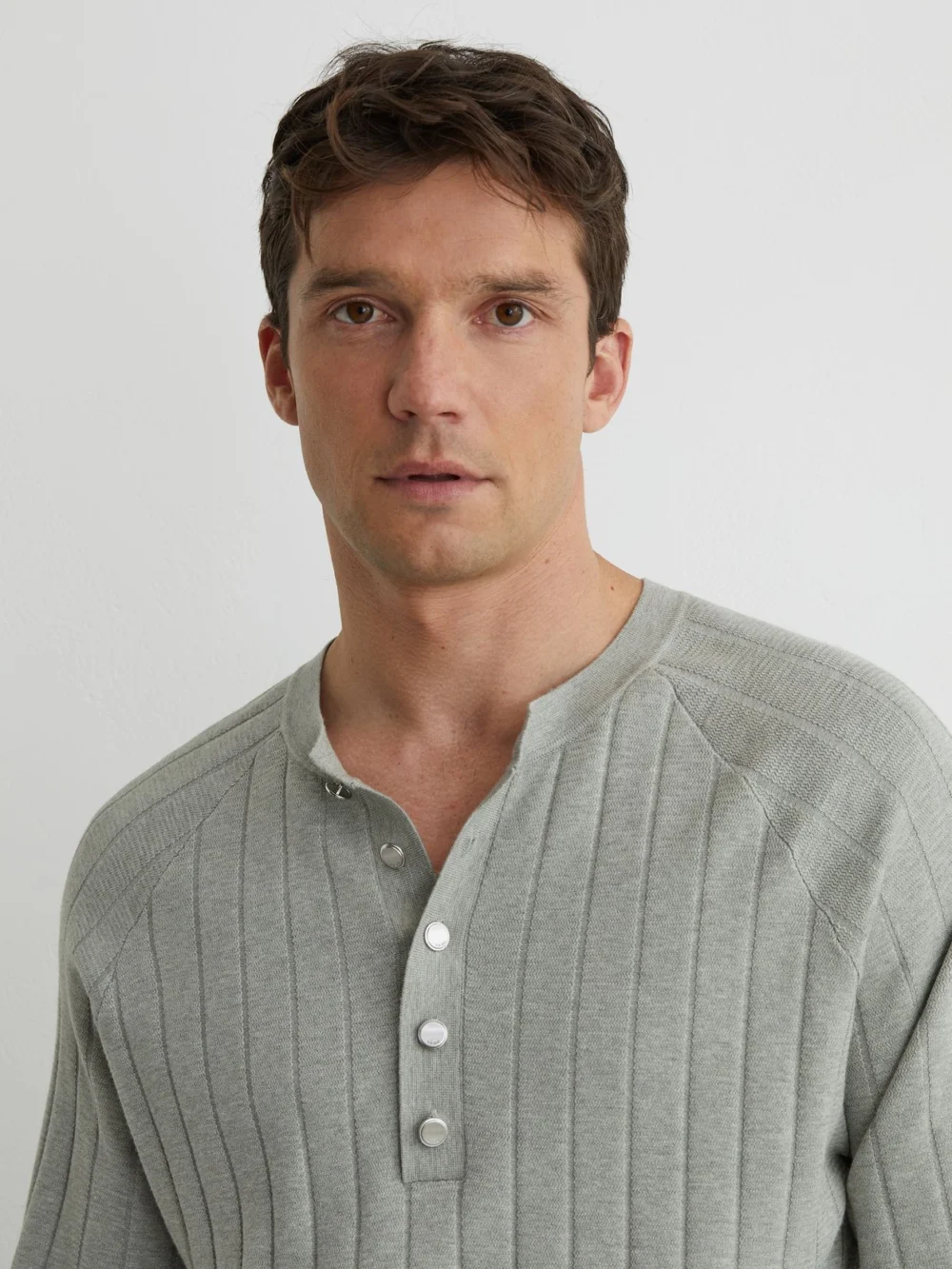 Reiss Sage Green Wide-rib Knit Henley Jumper, view 4
