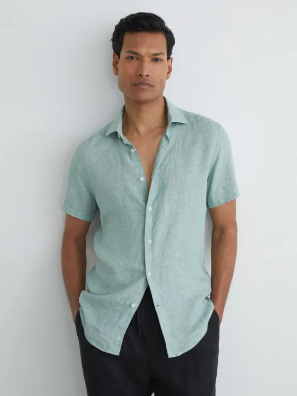 Reiss Sage Melange Slim Fit Linen Button-through Shirt