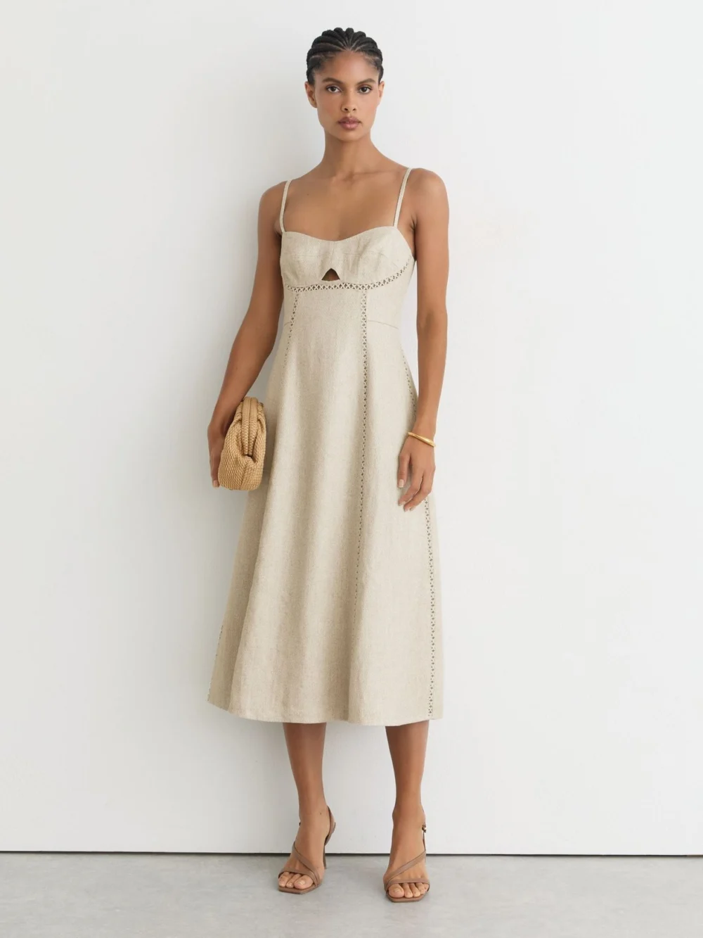 Reiss Sage Neutral Linen-blend Fit-and-flare Midi Dress, 12 in cream
