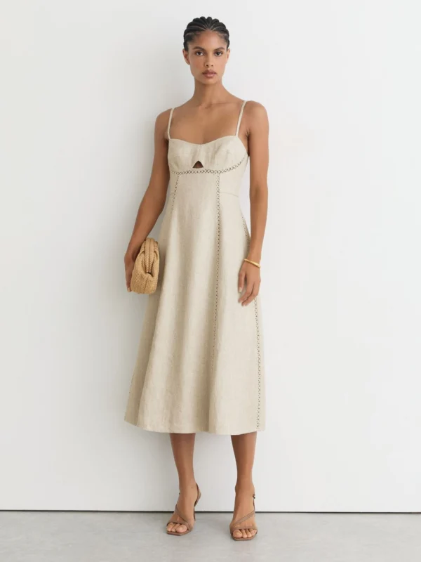 Reiss Sage Neutral Linen-blend Fit-and-flare Midi Dress, 12