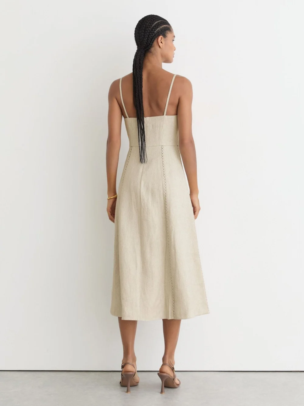 Reiss Sage Neutral Linen-blend Fit-and-flare Midi Dress, 12, view 4