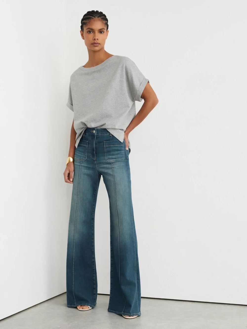 Reiss Sakura Mid Blue Patch-pocket Flared Jeans, view 5