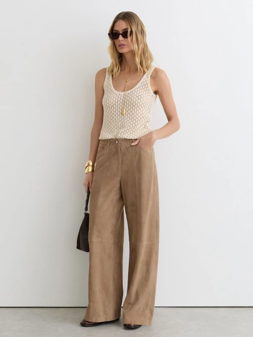Reiss Sand Suede Wide-leg Trousers