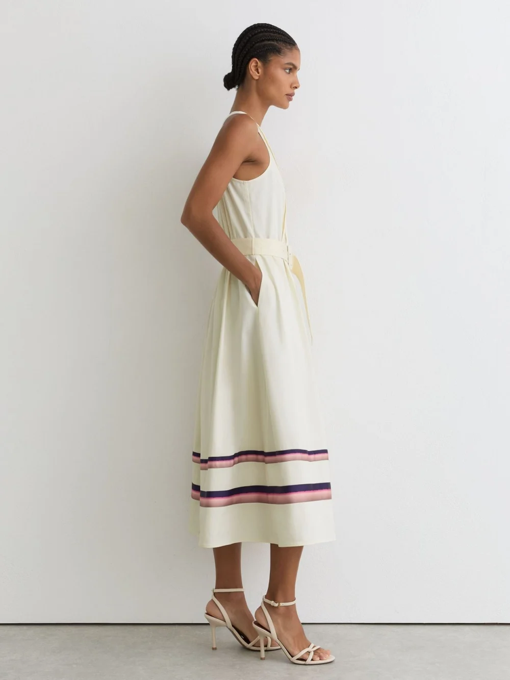Reiss Sara Cream Stretch-cotton Stripe-detail Midi Dress, 4 in cream/pink