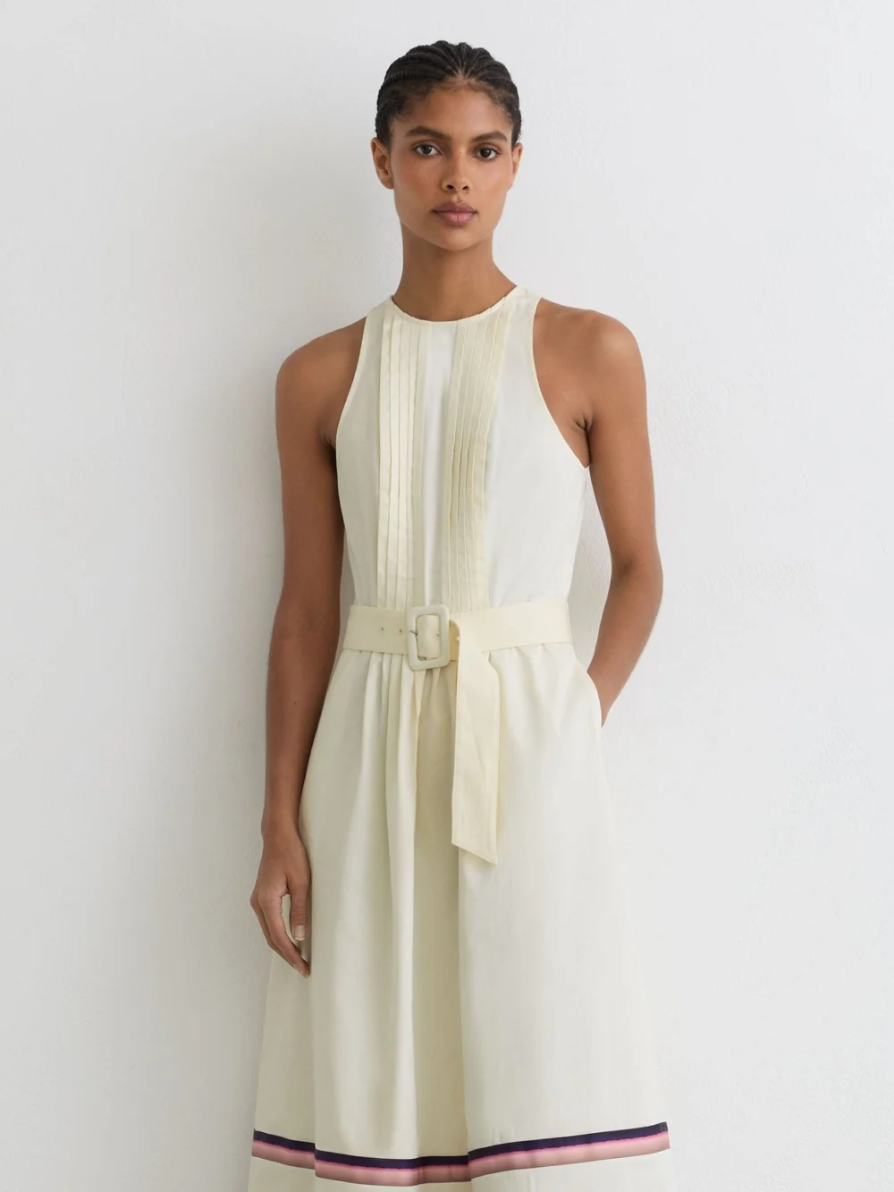 Reiss Sara Cream Stretch-cotton Stripe-detail Midi Dress, 4, view 4