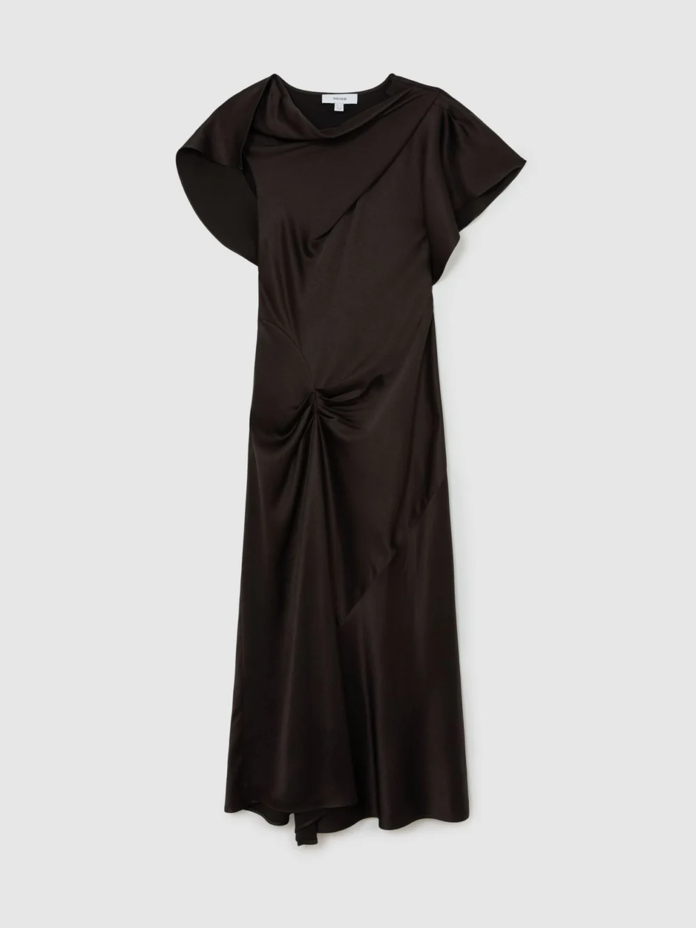 Reiss Sasha Chocolate Brown Satin Drape-detail Midi Dress, 6, view 2