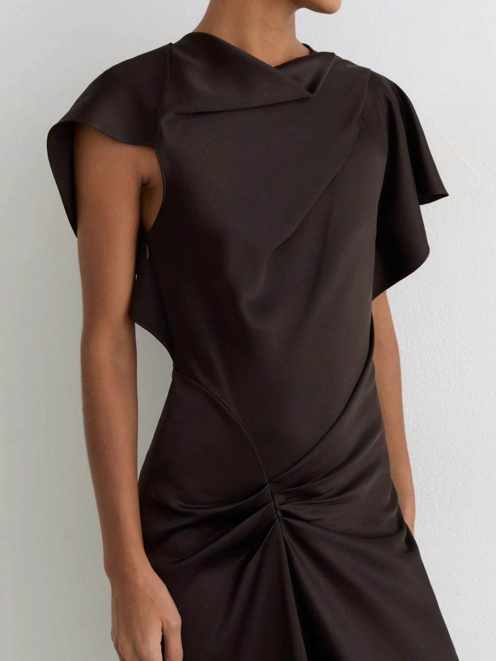 Reiss Sasha Chocolate Brown Satin Drape-detail Midi Dress, 6, view 3