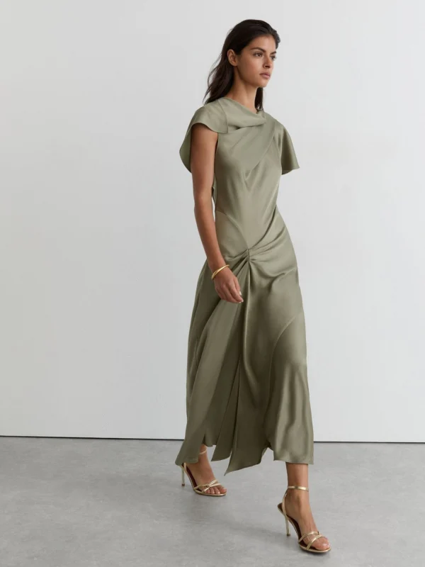 Reiss Sasha Khaki Green Satin Drape-detail Midi Dress
