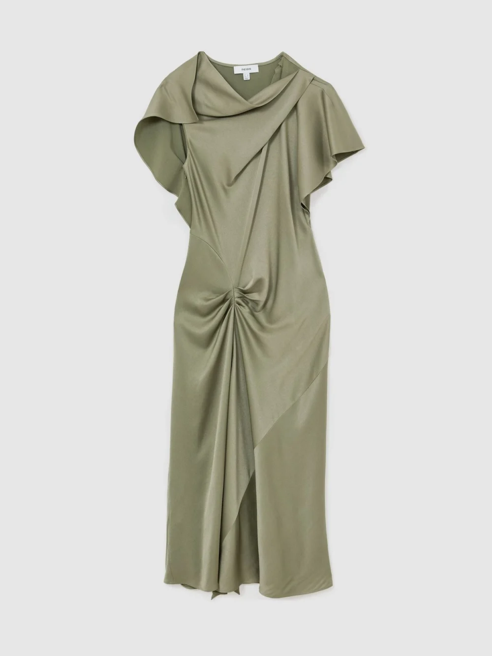 Reiss Sasha Khaki Green Satin Drape-detail Midi Dress, view 2