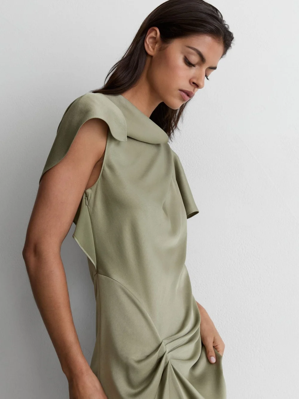 Reiss Sasha Khaki Green Satin Drape-detail Midi Dress, view 3