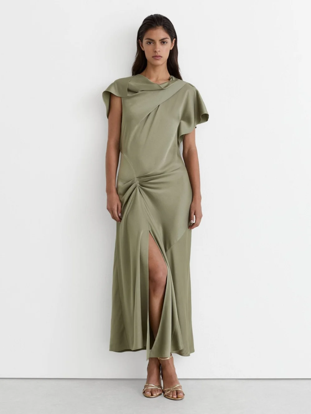 Reiss Sasha Khaki Green Satin Drape-detail Midi Dress, view 4