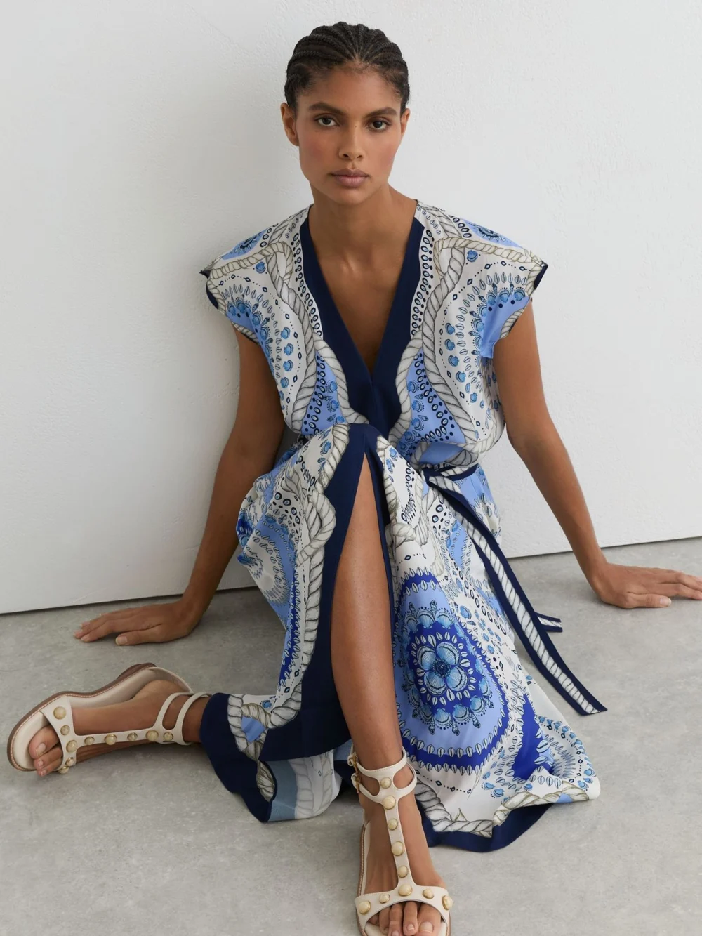 Reiss Scarf-print Belted Midi Dress, view 4