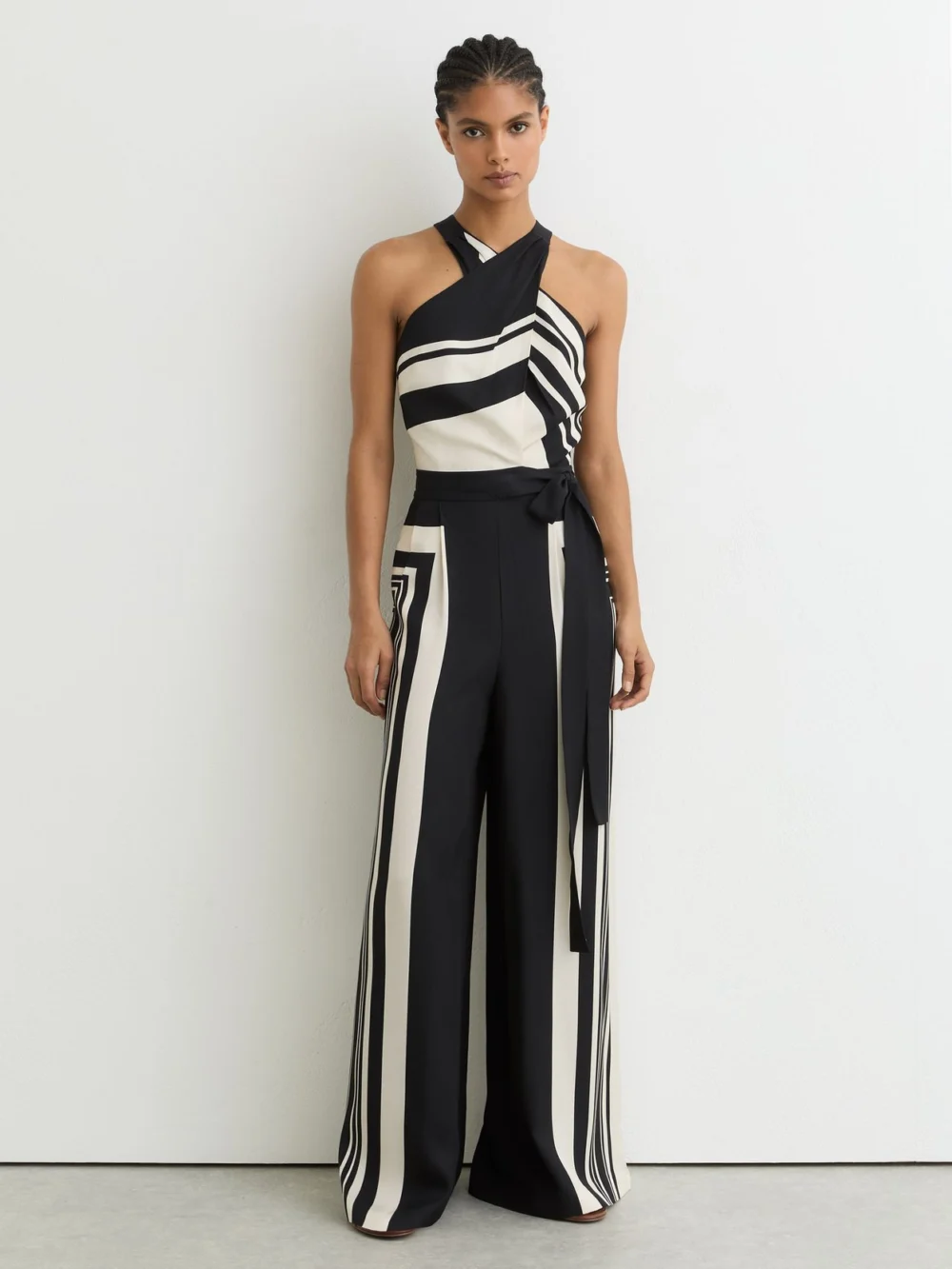 Reiss Scarf-print Belted Wide-leg Jumpsuit in black/ivory