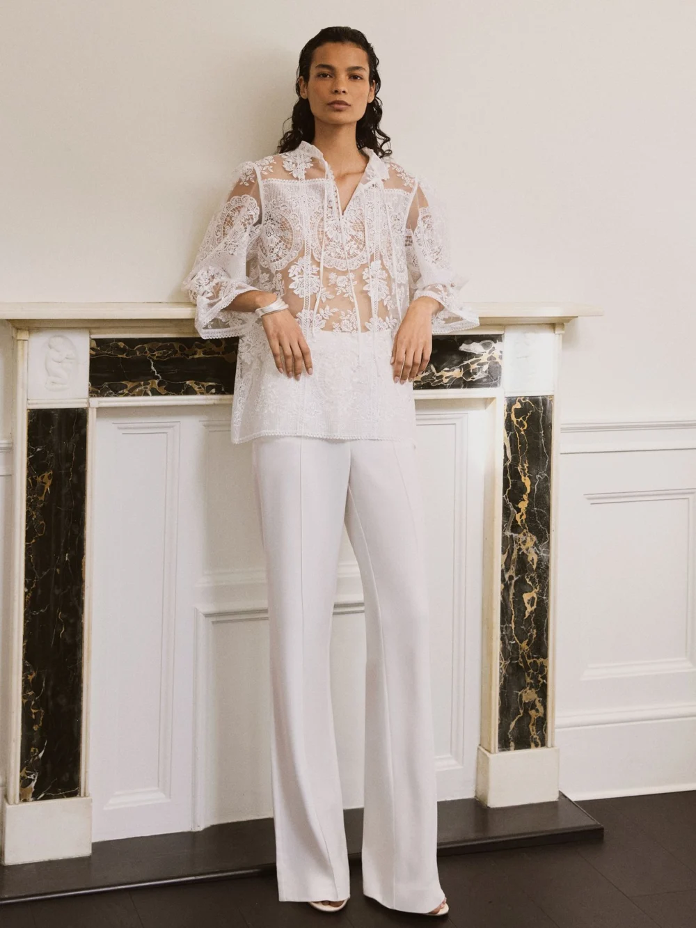 Reiss Sheer Lace Tie-neck Blouse, view 4