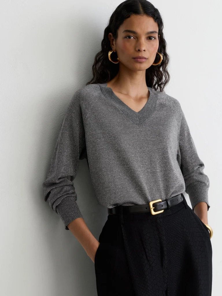 Reiss Silver Grey Wool-blend Metallic-knit V-neck Jumper
