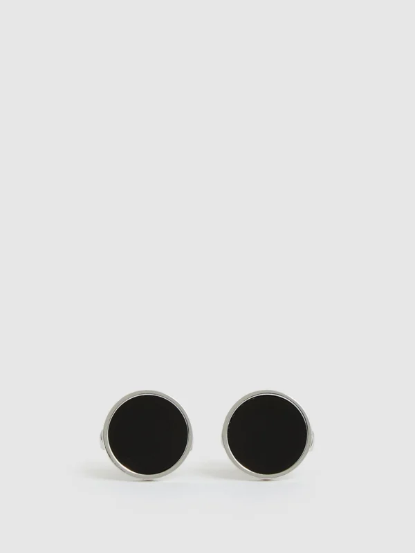 Reiss Silver Tone & Onyx Inlaid Round Cufflinks,