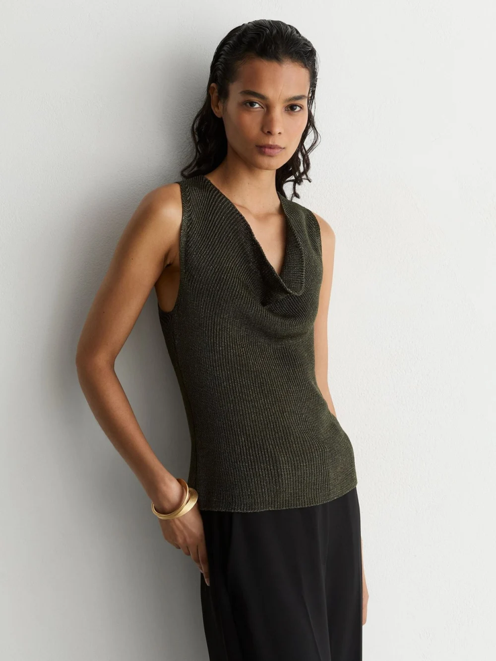 Reiss Simone Green Cowl-neck Metallic-knit Sleeveless Top, L in dark green