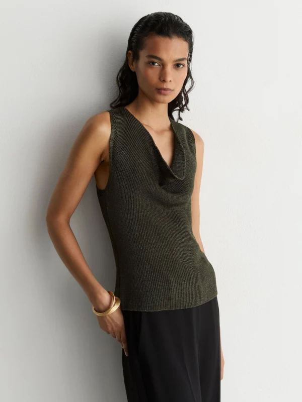 Reiss Simone Green Cowl-neck Metallic-knit Sleeveless Top, L