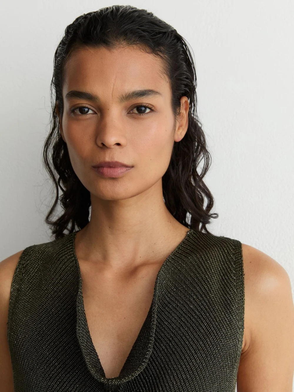 Reiss Simone Green Cowl-neck Metallic-knit Sleeveless Top, L, view 3